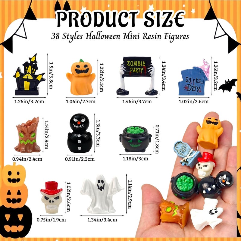 Feivando 38 Pcs Halloween Mini Resin Figures Tiny Little Pumpkin Ghost Skull Miniature Figurines Bulk for Halloween Party Micro Landscape Fairy Garden Decor - Image 2